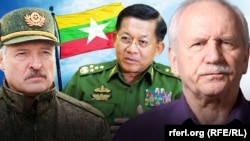 Каляж: Аляксандар Лукашэнка, Мін Аўнг Глайнг, Валер Карбалевіч (зьлева направа)