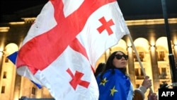 A protester at the parliament building in Tbilisi on November 4, 2024.