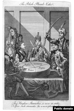 "Польский пирог". Аллегорическое изображение разделов Речи Посполитой в британской прессе