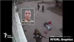 Сержант ЗС РФ Борзунов наказує своїм підлеглим розділитися на дві групи та обійти будинок із двох сторін. Саме в цей час поряд із цим будинком відбувається вбивство цивільного бучанця Дмитра Коновалова. Буча, вулиця Яблунська, 4 березня 2022 року. Стопкадр із камери спостереження