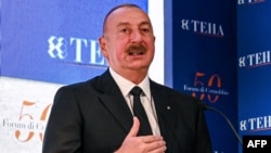 Italy - Azerbaijan's President Ilham Aliyev addresses a forum in Cernobbio, northern Italy, on September 6, 2024.