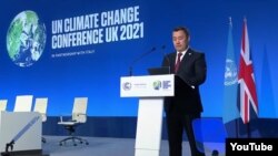 Кыргызстандын президенти Садыр Жапаров БУУнун климат саммитинде сүйлөп жатат, 2-ноябрь, 2021-жыл.  