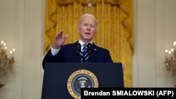 US President Joe Biden addresses the Russian invasion of Ukraine, from the East Room of the White House on February 24, 2022, in Washington, DC.