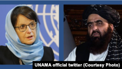 امیرخان متقی سرپرست وزارت خارجهٔ حکومت طالبان و دیبرا لاینز نماینده ویژه سازمان ملل برای افغانستان 