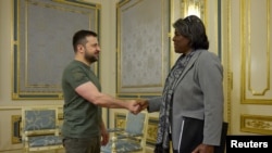  ولادیمیر زلینسکی رئیس جمهور اوکراین در دیدار با در دیدار با لیندا توماس گرینفیلد سفیر ایالات متحده در سازمان ملل متحد