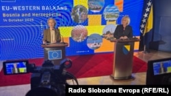 Pres konferencija Ursule fon der Lejen (L), predsjednice Evropske komisije i Borjane Krišto, predsjedavajuće Savjeta ministara BiH, Sarajevo, 14. oktobar 2025.