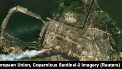 A satellite photo of the fires from shelling near the Zaporizhzhya nuclear power plant on August 24.