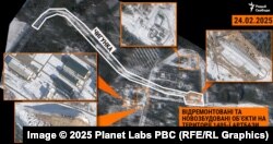 Відремонтовані та новозбудовані об’єкти на території 1405-ї артбази боєприпасів. Супутниковий знімок від 24 лютого 2025 року