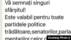 Unul dintre mesajele de amenințare primite de parlamentarii români.