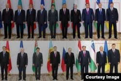 Официальная и отредатированная фотографии со встречи президентов на заседании Совета глав государств СНГ в Ашхабаде, 2012-й год