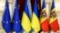 UKRAINE – The national flags of Ukraine, Moldova and the flags of the European Union during a diplomatic event in Kyiv, November 21, 2023