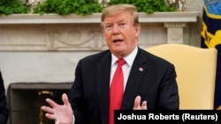 دونالد ترمپ رئیس جمهور امریکا حین صحبت در قصر سفید در واشنگتن. April 2, 2019